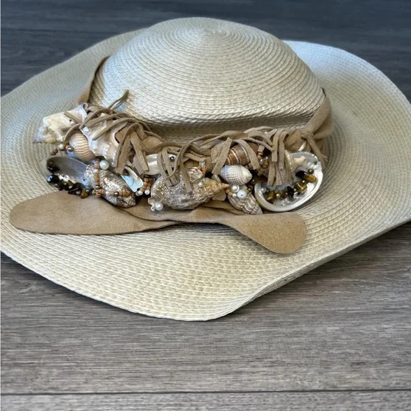 VTG Mermaidcore Straw Beach Sun Hat Shell Trim Boho Coastal Festival S/M - Picture 7 of 16
